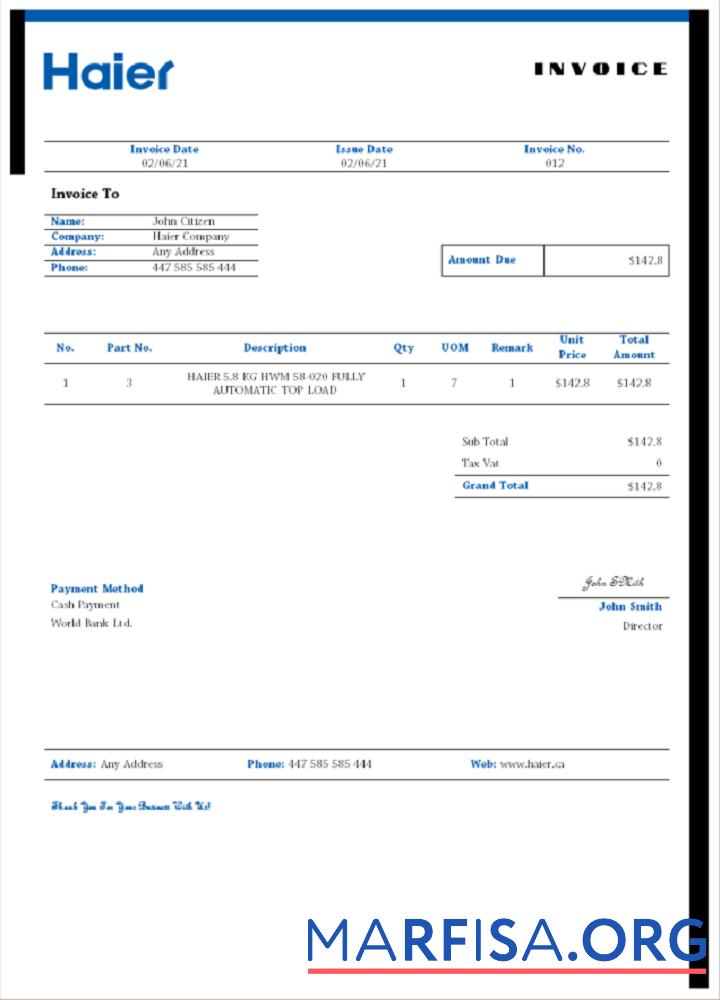 Realistic USA Haier invoice real example